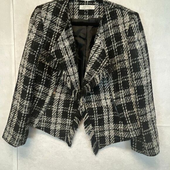TAHARI Blazer Women’s Size 14 Black White Plaid Tweed Open Front Fringe Cropped - Picture 2 of 10